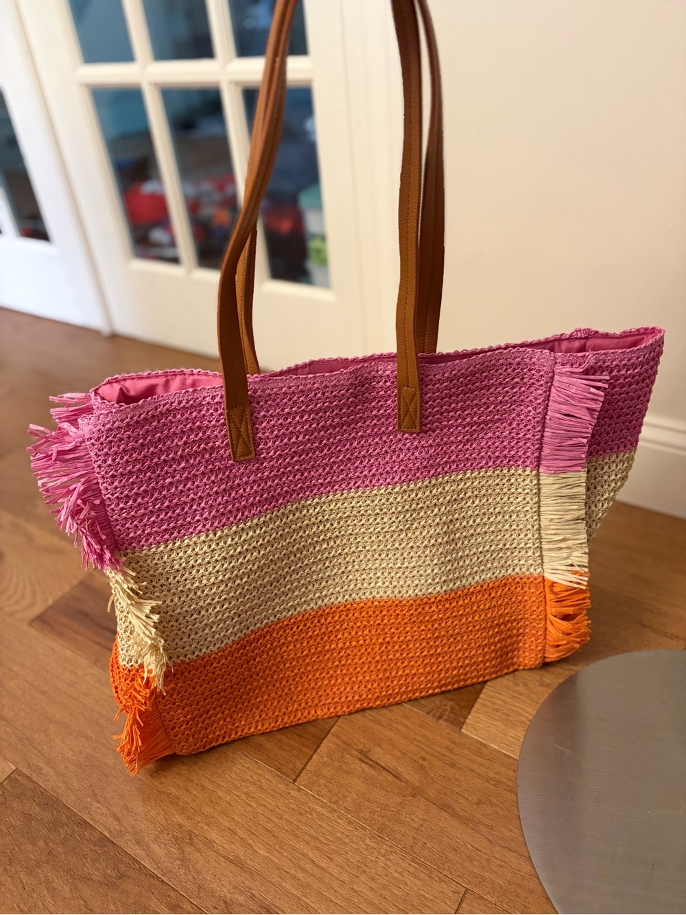 Woven Pink, Cream & Orange Fringe Tote Bag